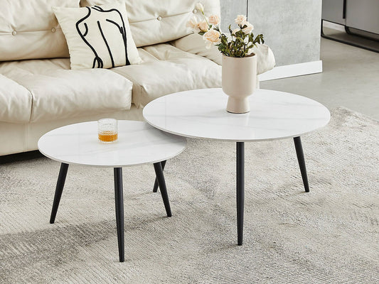 2pc Coffee Table Set, Sintered Stone White Marble Top With Black Steel Legs.