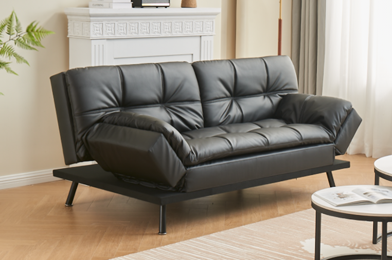 Split Back and Seat Design Sofa Bed, Adjustable Armrest Positions with Memory Foam Cushion in Black PU