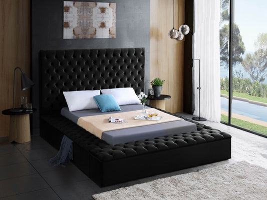 Deep Button Tufting Headboard
Platform Bed, 3 Large Storages (2x Side Benches x 1 Front Bench), Black Velvet Fabric,
16" Footboard and 16" Sideboard Height