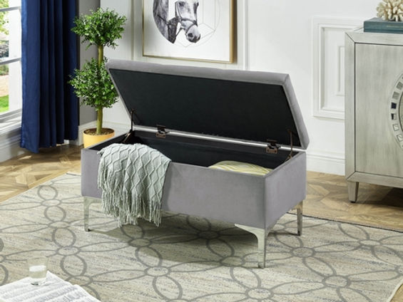 Grey Velvet Storage Bench with Deep Tufting and Chrome Legs