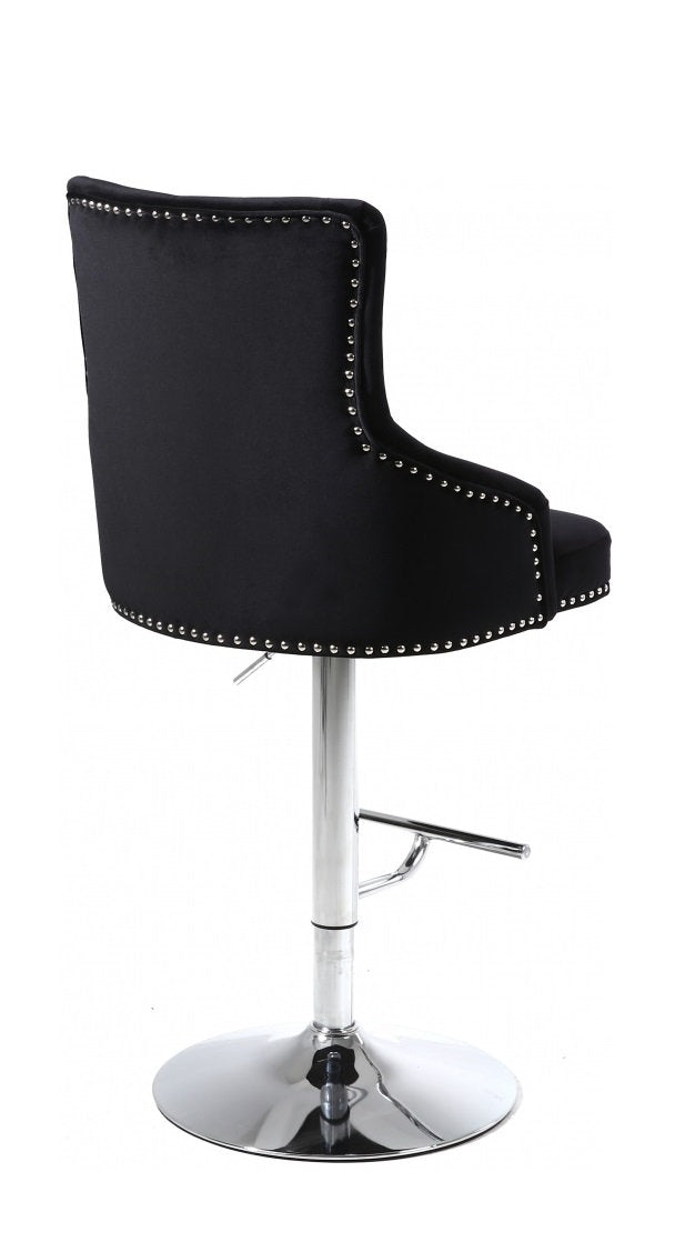 Black Velvet Bar Stool with Deep Tufting, Polished Chrome Base, Nail Head Details. Adjustable Height from 42"-50" (1 PC)