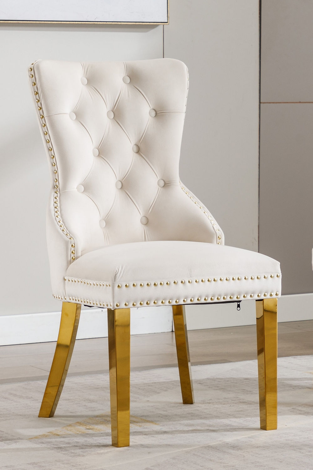 Creme Velvet Tuffed Dining Accent Chair, with Gold leg. SET OF 2