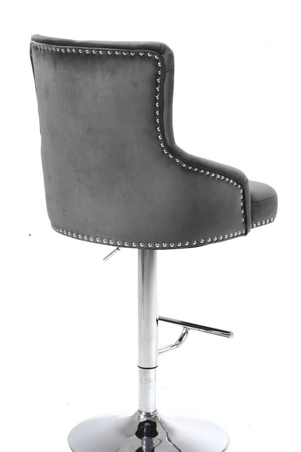 Grey Velvet Bar Stool with Deep Tufting, Polished Chrome Base, Nail Head Details. Adjustable Height from 42"-50" (1 PC)