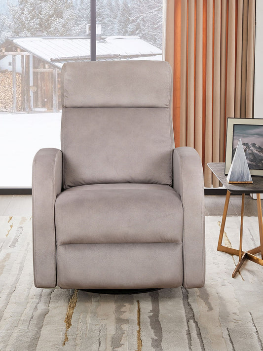 Recliner Chair with Pull Handle
Features Soft Charcoal Fabric 
Swivel Glider Mechanism
Zero Wallhugger. Soft Latte