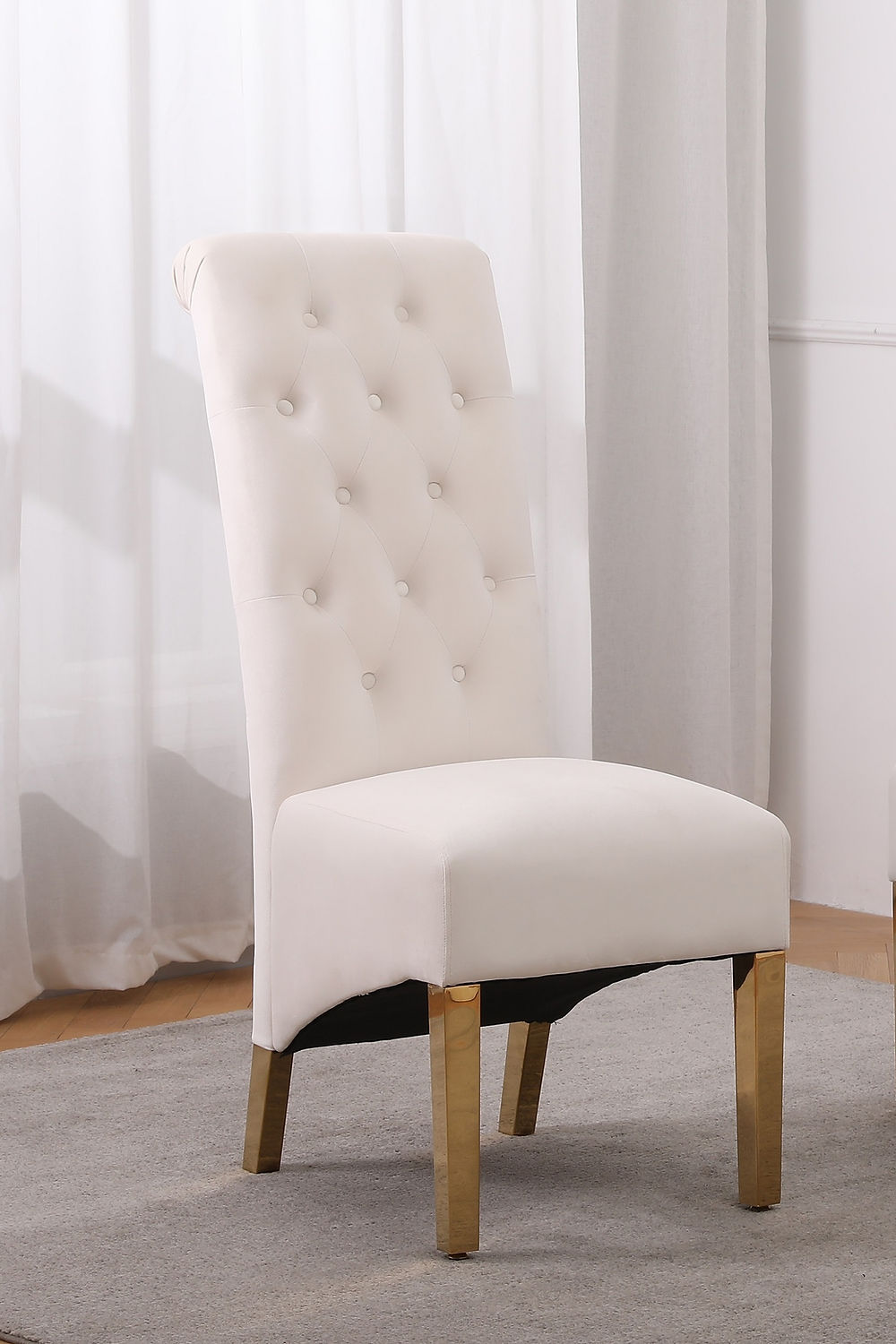 Cream Velvet Dining Chair with Diamond Pattern Stitching, Polished Gold Legs (SET OF 2)