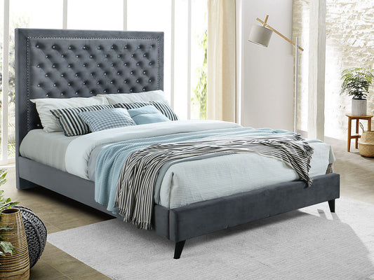 Deep Tufted Upholstered Grey Headboard with Rhinestone and Nailhead Details in KING & QUEEN