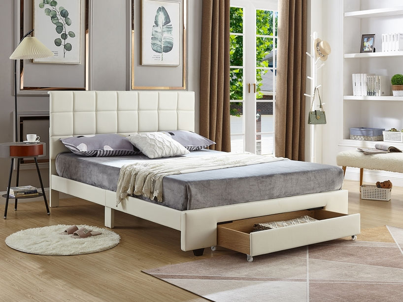 White PU Bed with a Square Pattern Tufted Headboard (Bed in a Box)