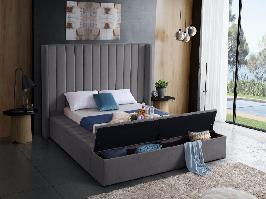 Grey Velvet Fabric Bed with channel tufting and 3 Storage Benches