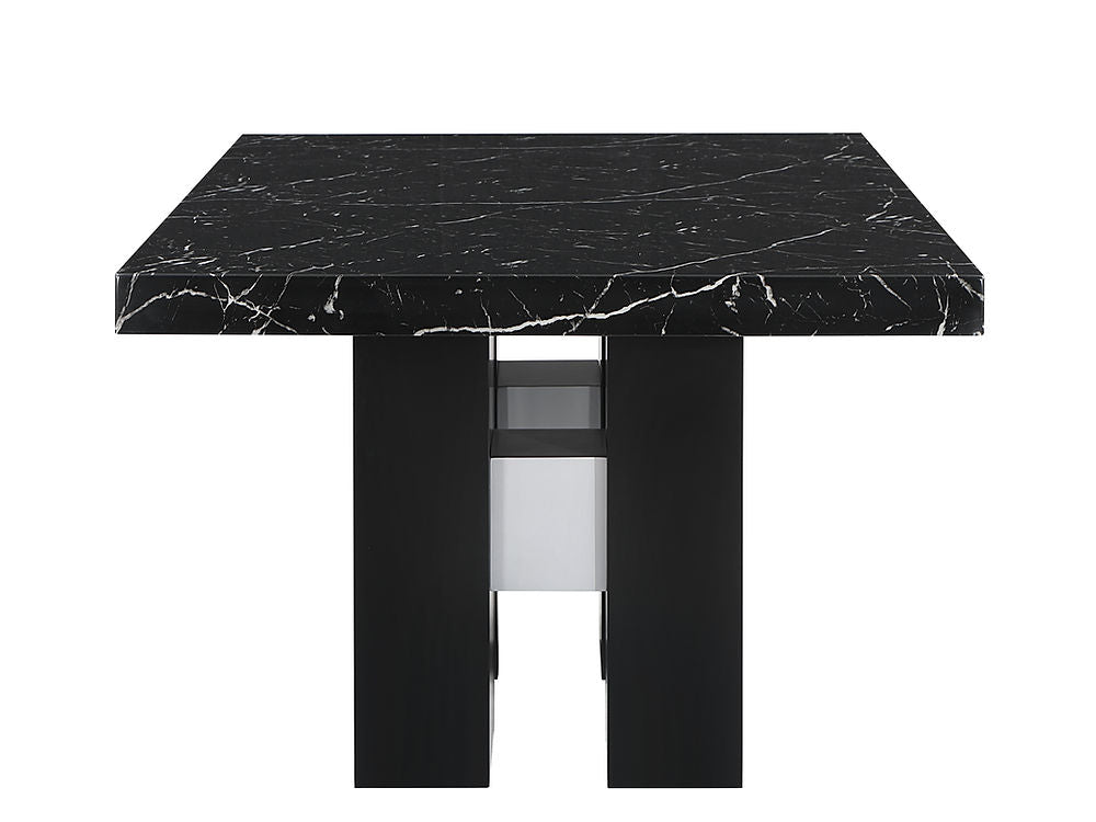 7 Pc Dinning Set Faux Black Marble Top with Double Pedestal Base, Black Chairs