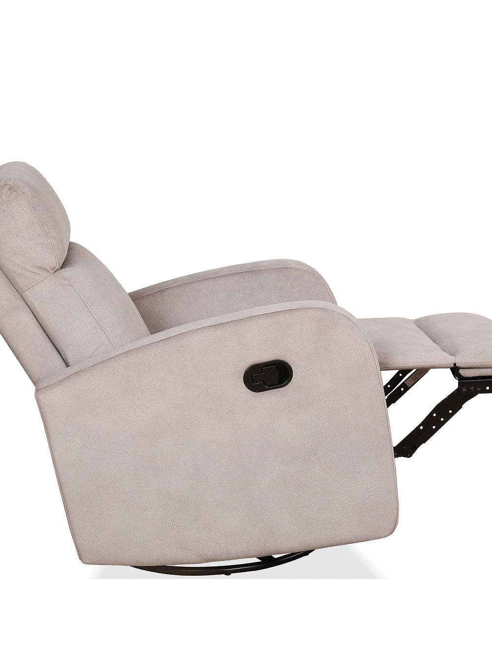 Recliner Chair with Pull Handle
Features Soft Charcoal Fabric 
Swivel Glider Mechanism
Zero Wallhugger. Soft Latte