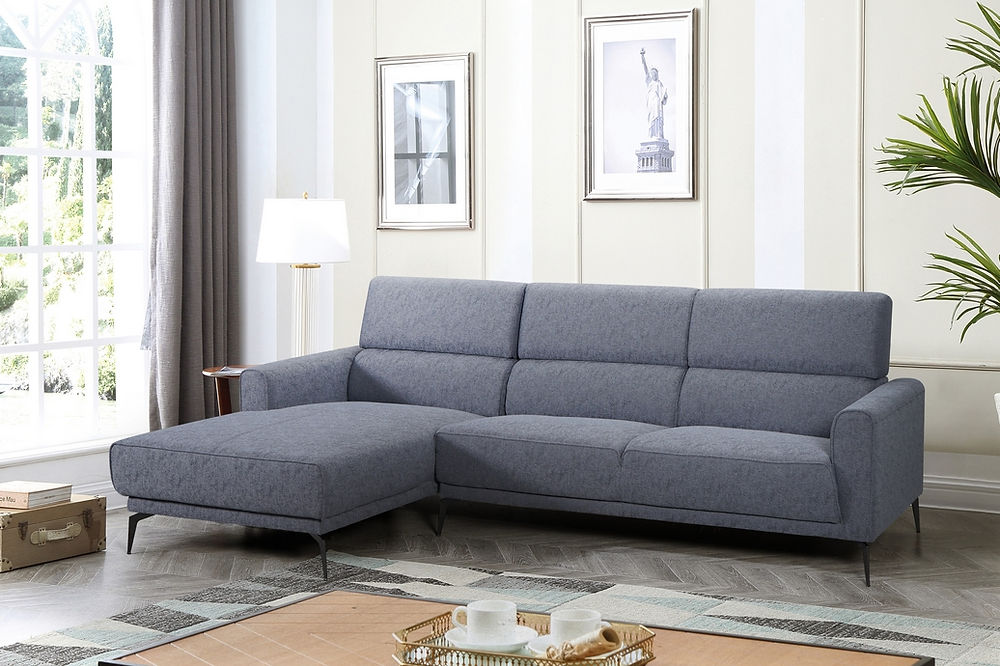 Grey Sofa Sectional Featuring Soft Fabric With Left Hand Facing Chaise and Sleek Metal Legs.