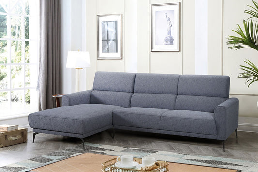 Grey Sofa Sectional Featuring Soft Fabric With Left Hand Facing Chaise and Sleek Metal Legs.