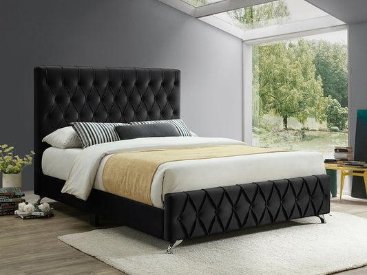 Black Velvet Bed with Diamond Pattern Button Details and Chrome Legs