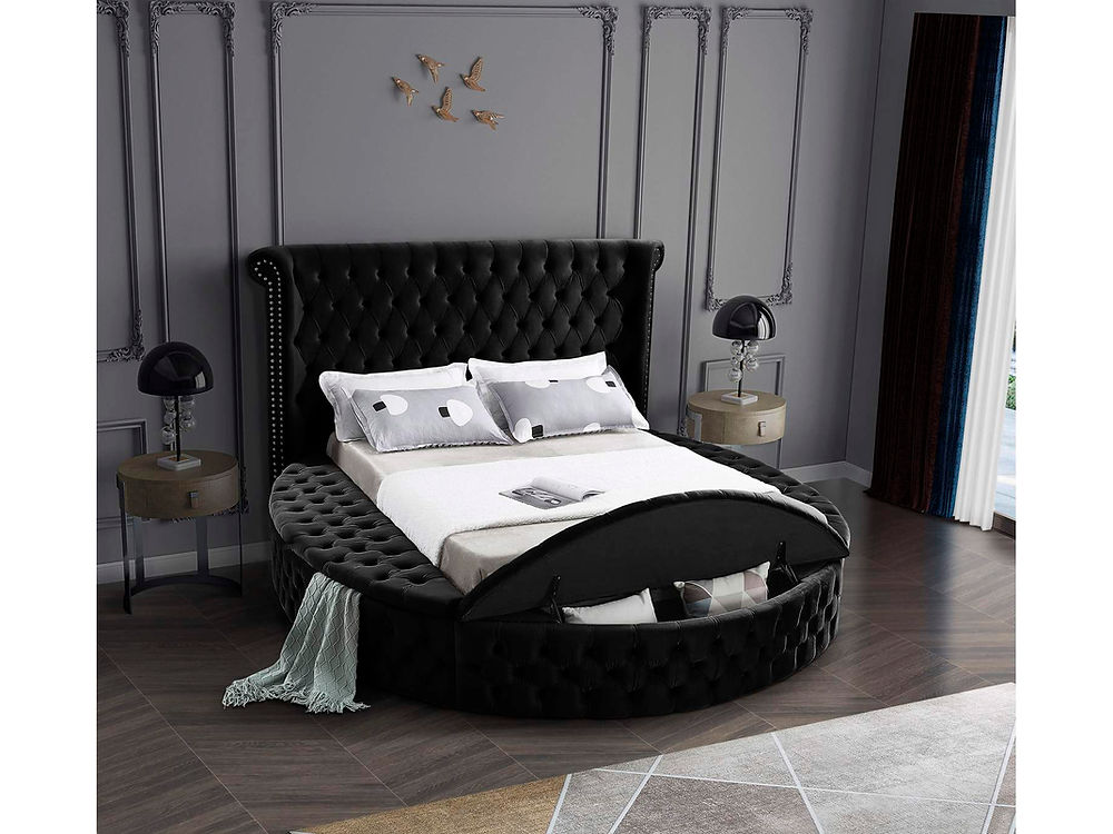 Black Velvet Fabric Bed with Deep Button Tufting and 3 Storage Benches (IN 2 SIZES)