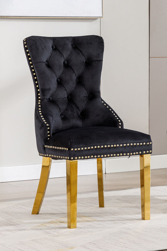 Black Velvet Tuffed Dining Accent Chair, with Gold leg. SET OF 2