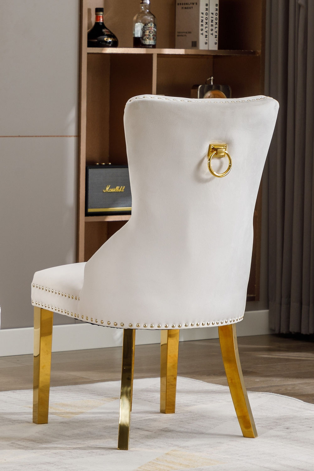 Creme Velvet Tuffed Dining Accent Chair, with Gold leg. SET OF 2