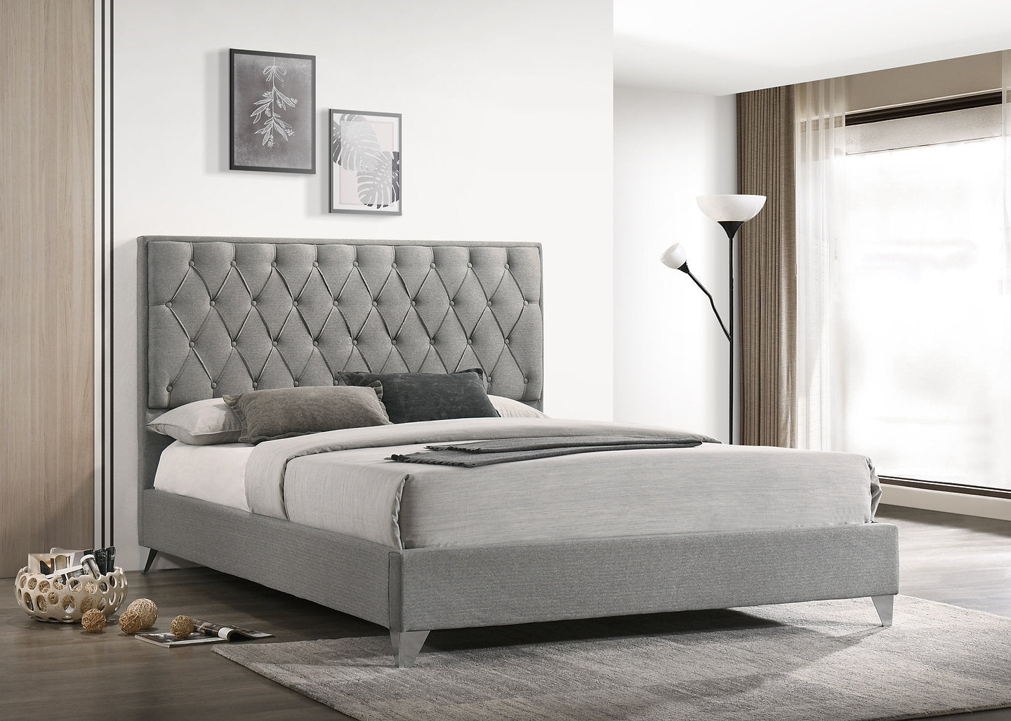 Modern Grey Fabric Bed With Diamond Pattern Button Details and Chrome Legs in KING or QUEEN