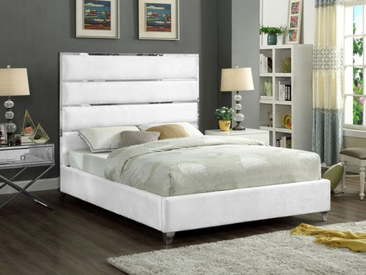 Cream Velvet Chrome Celebrity Platform Bed in King & Queen