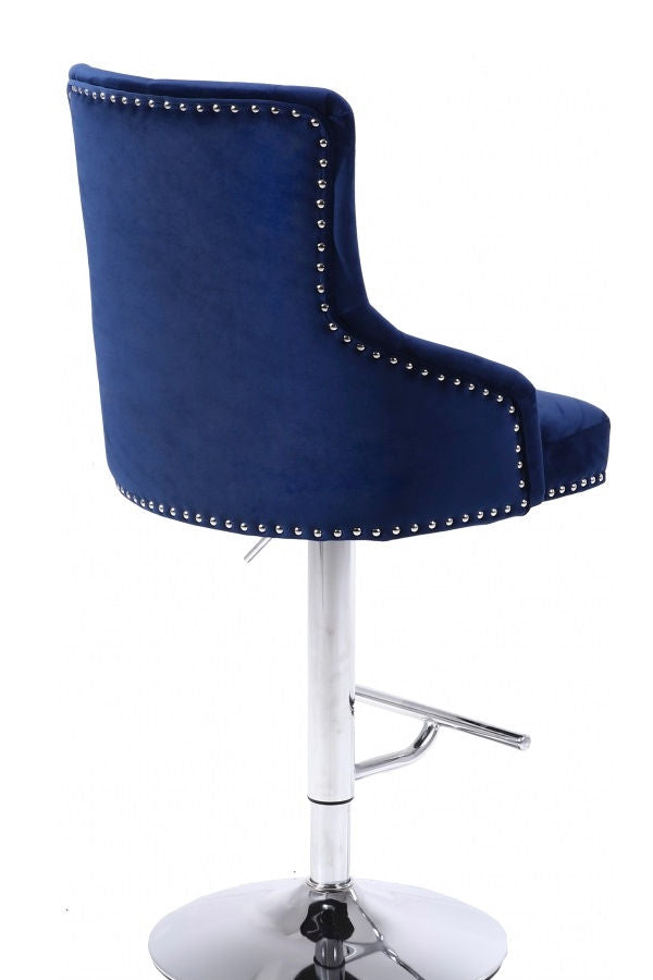 Blue Velvet Bar Stool with Deep Tufting, Polished Chrome Base, Nail Head Details. Adjustable Height from 42"-50" (1 PC)