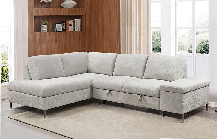 Soft Beige Boucle Fabric Left Hand Sofa Bed Sectional