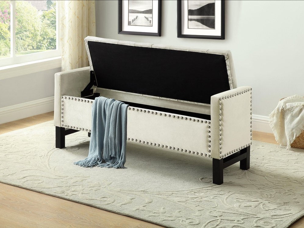 Cream Velvet Studded Storage Bench