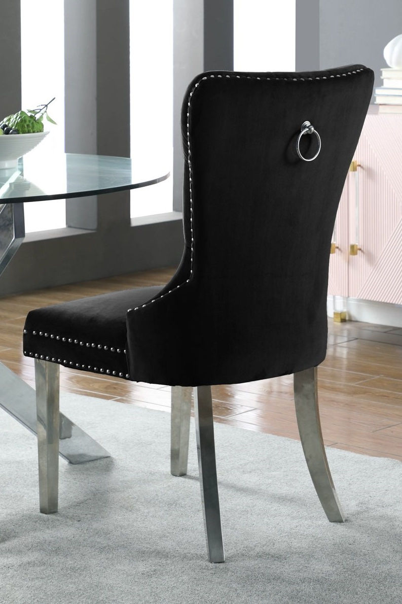 Black Velvet Dining Chair,Chrome Knocker, Polished Chrome Frame,
Button Tufted Front Nailhead Details (SET OF 2)