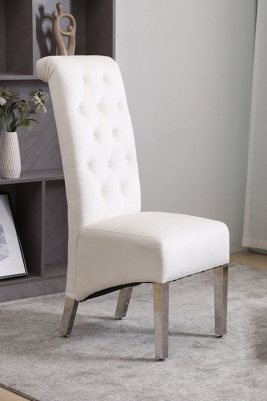 White Velvet Dining Chair with Diamond Pattern Stitching, Chrome Legs (SET OF 2)