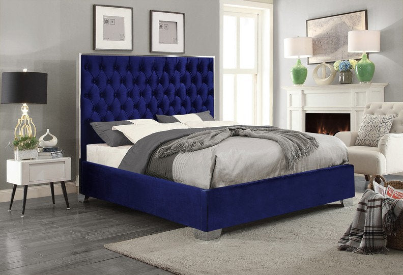 Blue Velvet Fabric Modern Bed with Deep Tufting and Chrome Trim