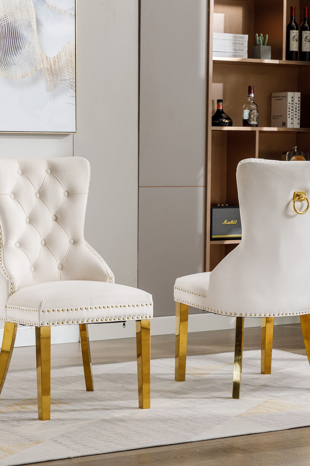 Creme Velvet Tuffed Dining Accent Chair, with Gold leg. SET OF 2