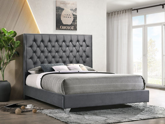 Grey Velvet Bed with Diamond Pattern Button Details and Chrome Legs (Queen or King)