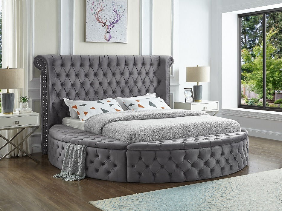 Grey Velvet Fabric Bed with Deep Button Tufting and 3 Storage Benches (IN 2 SIZES)