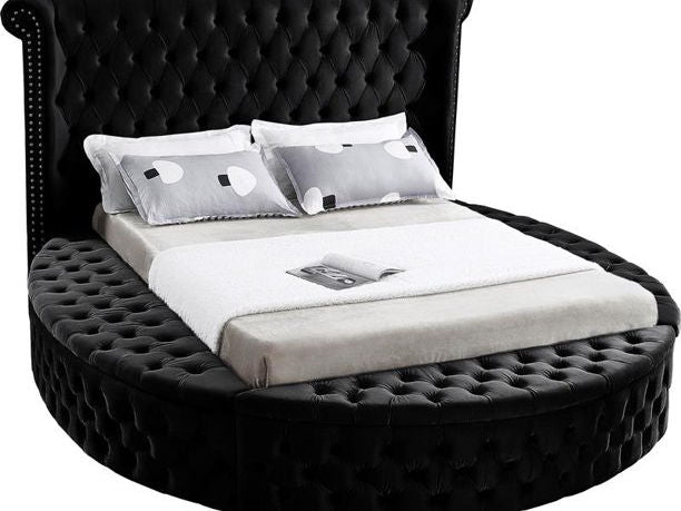 Black Velvet Fabric Bed with Deep Button Tufting and 3 Storage Benches (IN 2 SIZES)