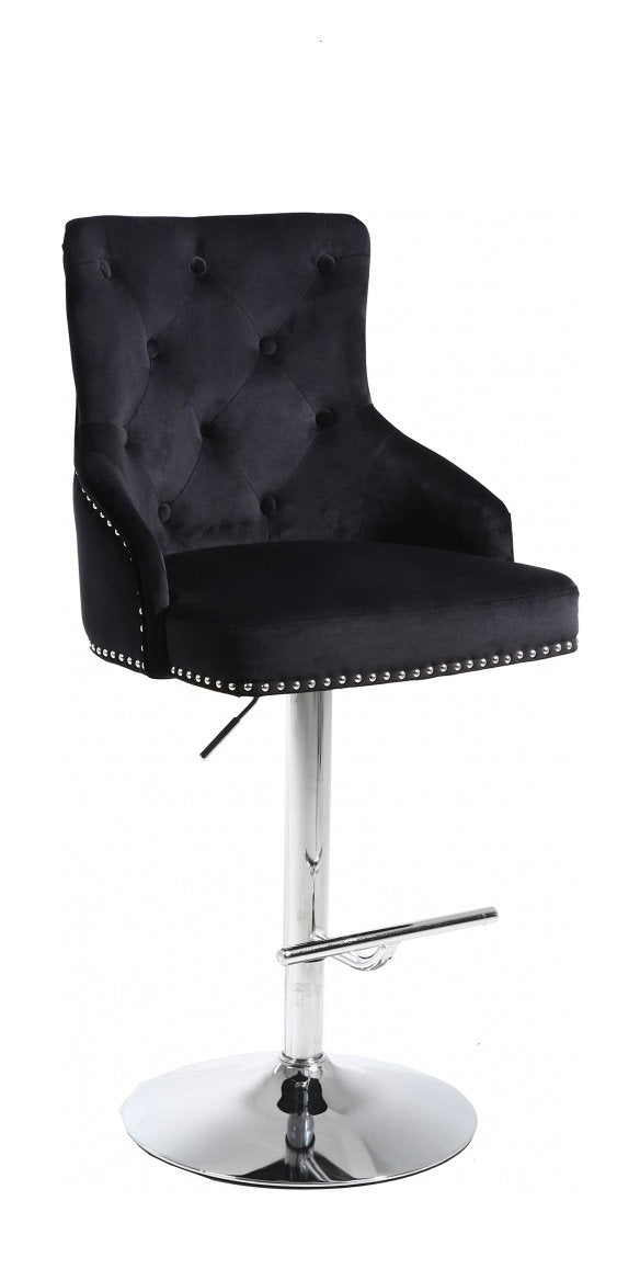 Black Velvet Bar Stool with Deep Tufting, Polished Chrome Base, Nail Head Details. Adjustable Height from 42"-50" (1 PC)