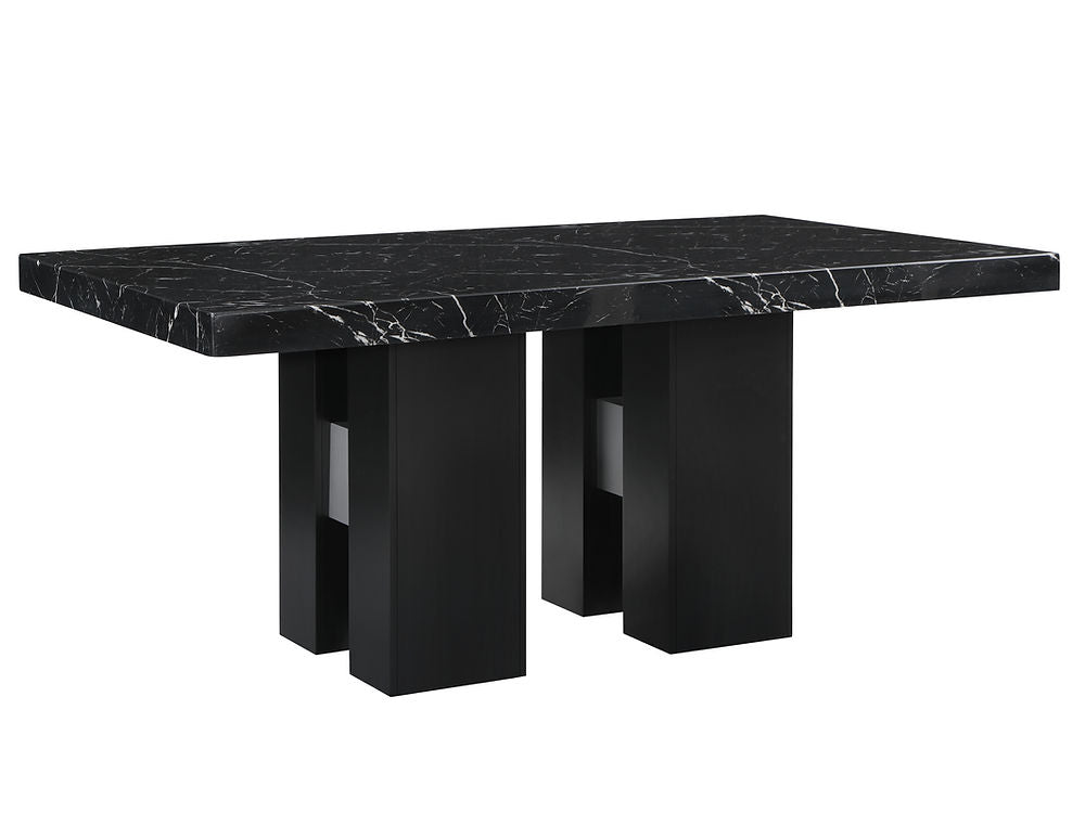 7 Pc Dinning Set Faux Black Marble Top with Double Pedestal Base, Black Chairs