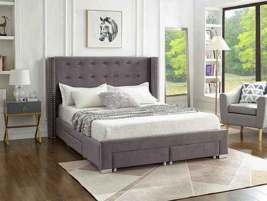 Grey Velvet Fabric Wing Bed with Nailhead Details and Chrome Legs. Four Pull-Out Storage Drawers