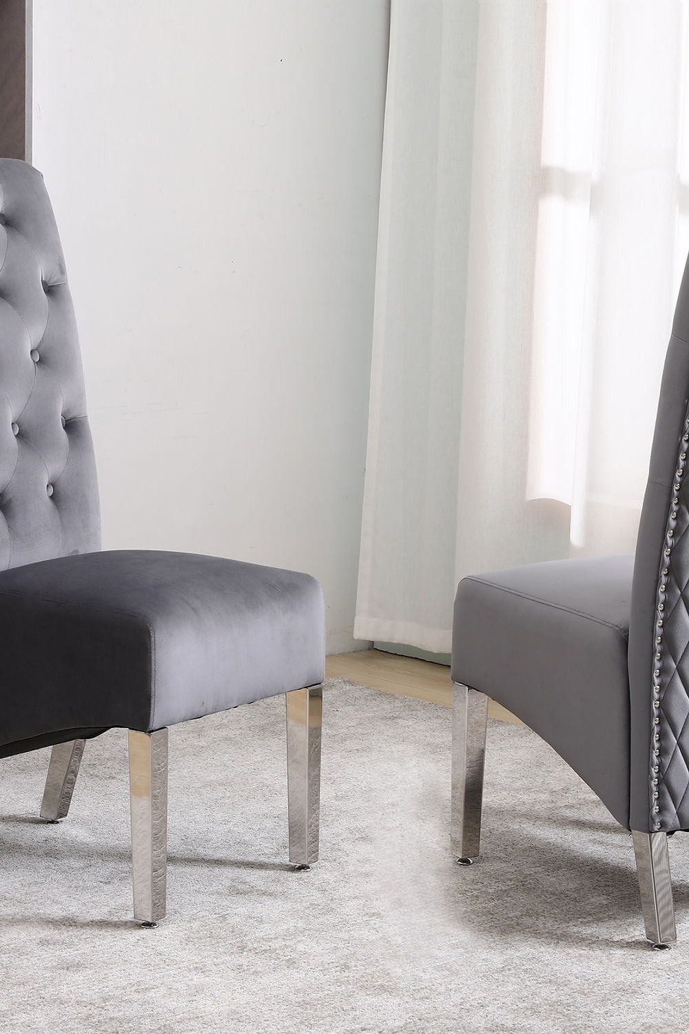 Grey Velvet Dining Chair with Diamond Pattern Stitching, Chrome Legs (SET OF 2)