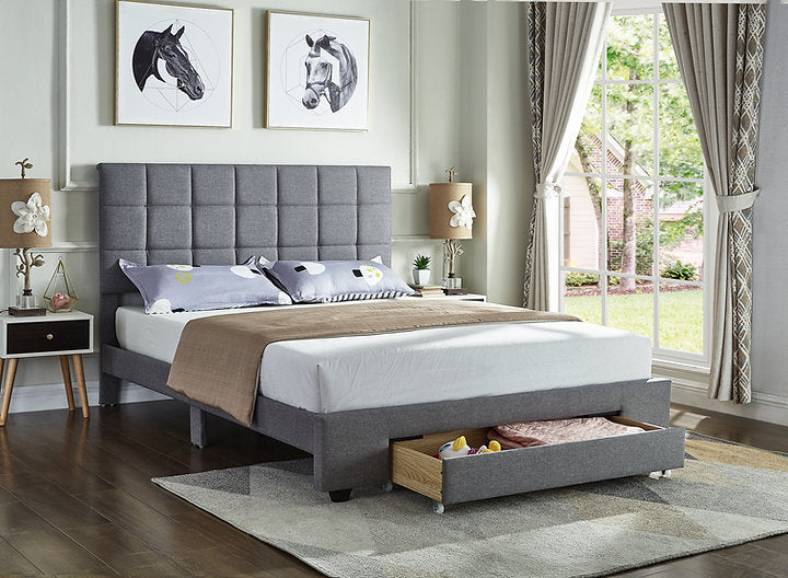 Grey Fabric Bed with a Square Pattern Tufted Headboard (Bed in a Box), Grey Fabric