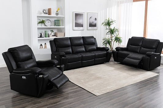 3pc Power Recliner Set, Black Leather Gel