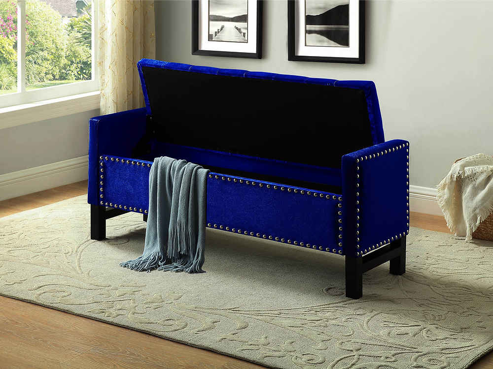 Blue Fabric Studded Storage Bench