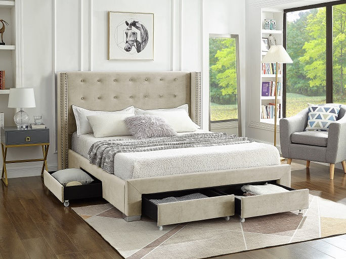 Creme Velvet Fabric Wing Bed with Nailhead Details and Chrome Legs. Four Pull-Out Storage Drawers