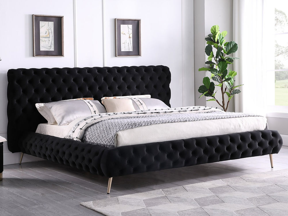 Black Velvet Fabric Bed with Extra Deep Button Tufting and Sleek Chrome Leg