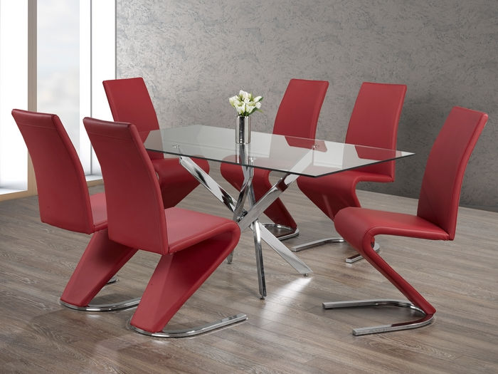 7 PC Dining Set Tempered Clear Glass with Chrome Legs, Upholstered Red ‘Z’ Shaped With Chrome Legs