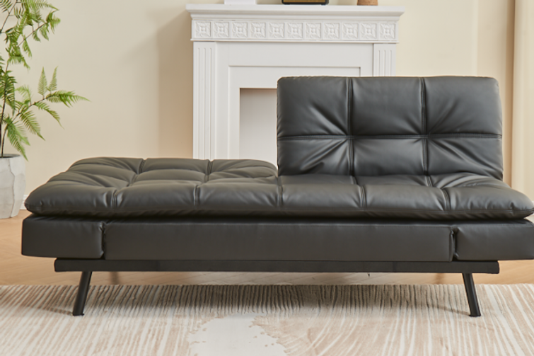 Split Back and Seat Design Sofa Bed, Adjustable Armrest Positions with Memory Foam Cushion in Black PU