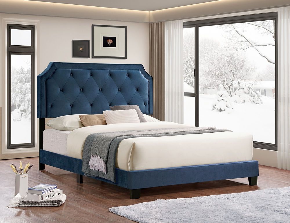 Transitional Style 
Diamond Pattern Button Tufting Headboard, Platform Bed, Includes Mattress Support,
Blue Velvet Fabric