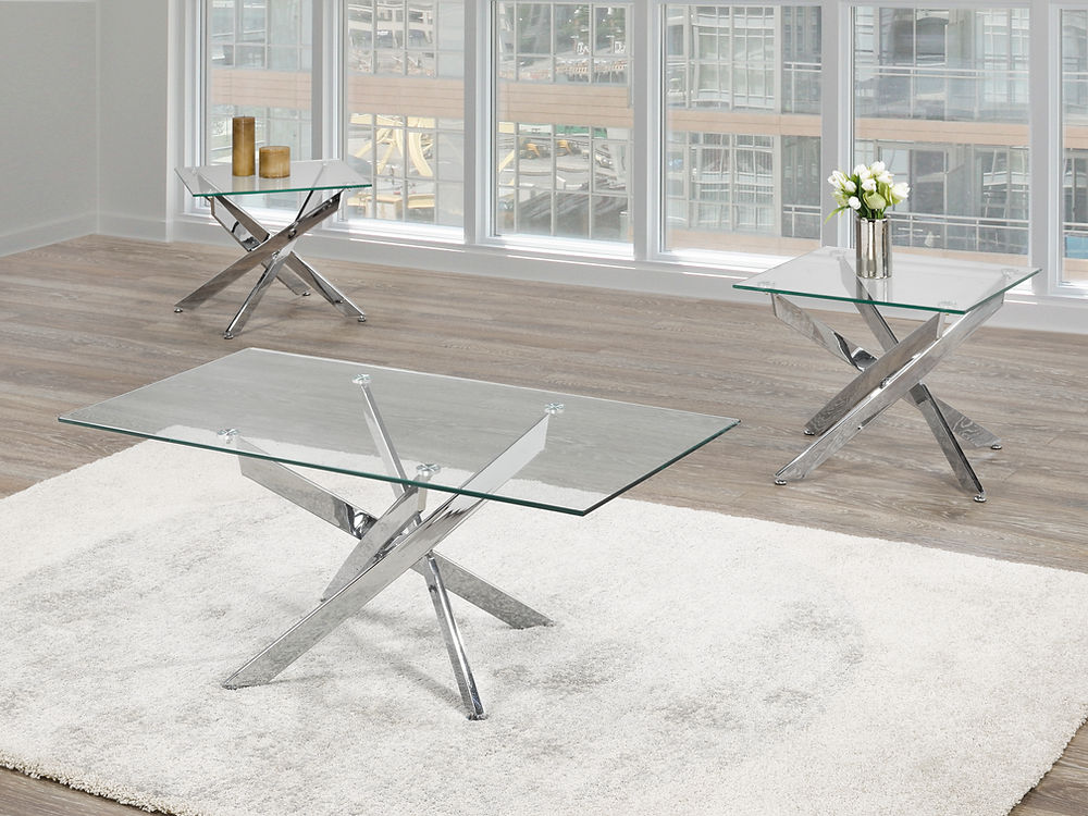 Coffee Table Set. Glass Table Top with Stainless Steel Base (3 Pcs)