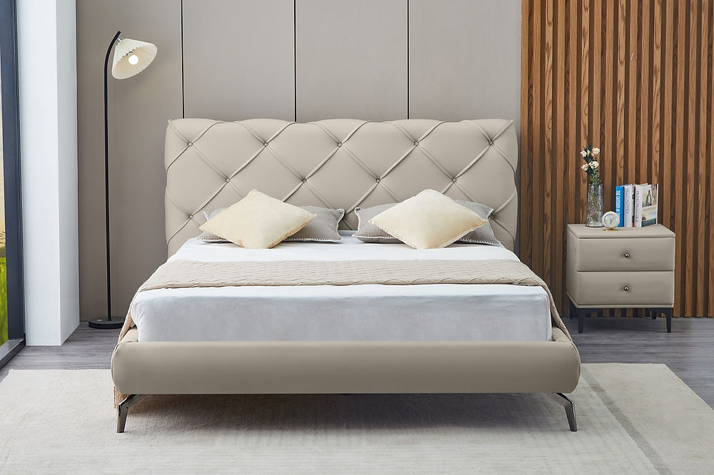 Diamond Pattern Modern Bed in Cream  (Queen & King)