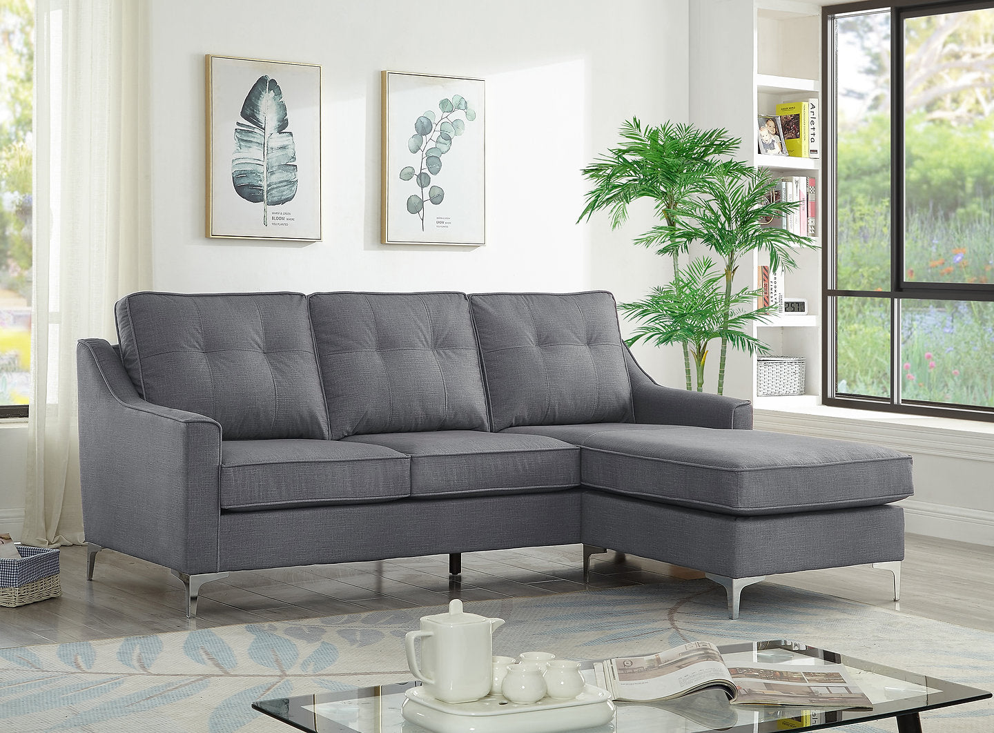 Reversible Sectional with button tufting and chrome legs