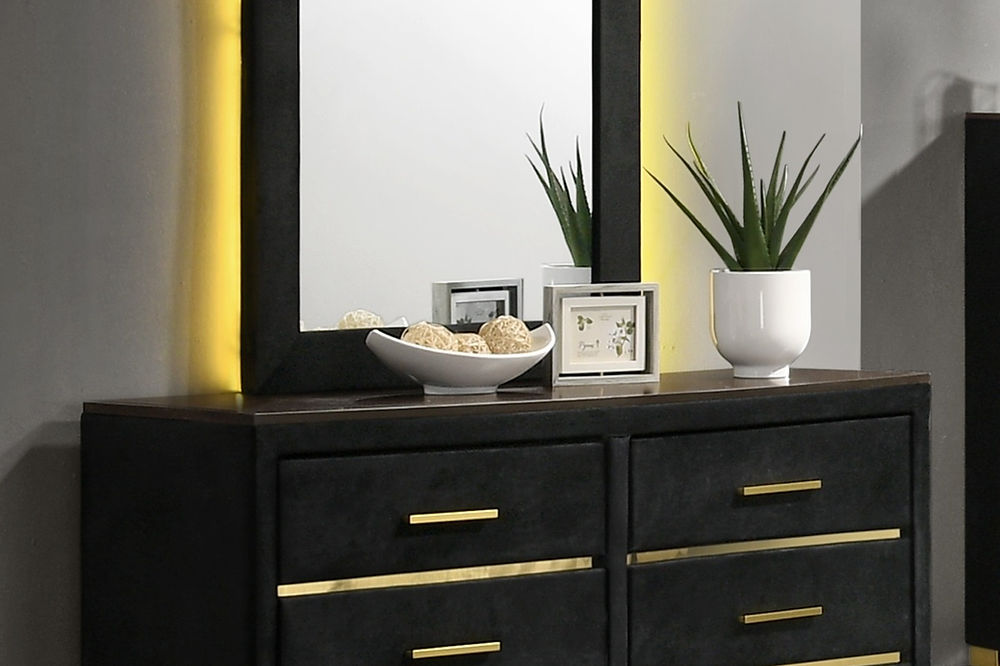 5 Pc Bedroom Set Black Velvet with Gold Accent