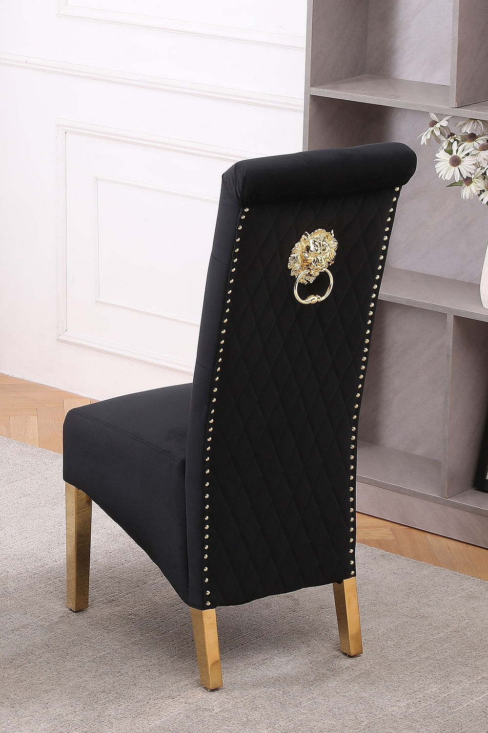 Black Velvet Dining Chair with Diamond Pattern Stitching, Polished Gold Legs (SET OF 2)