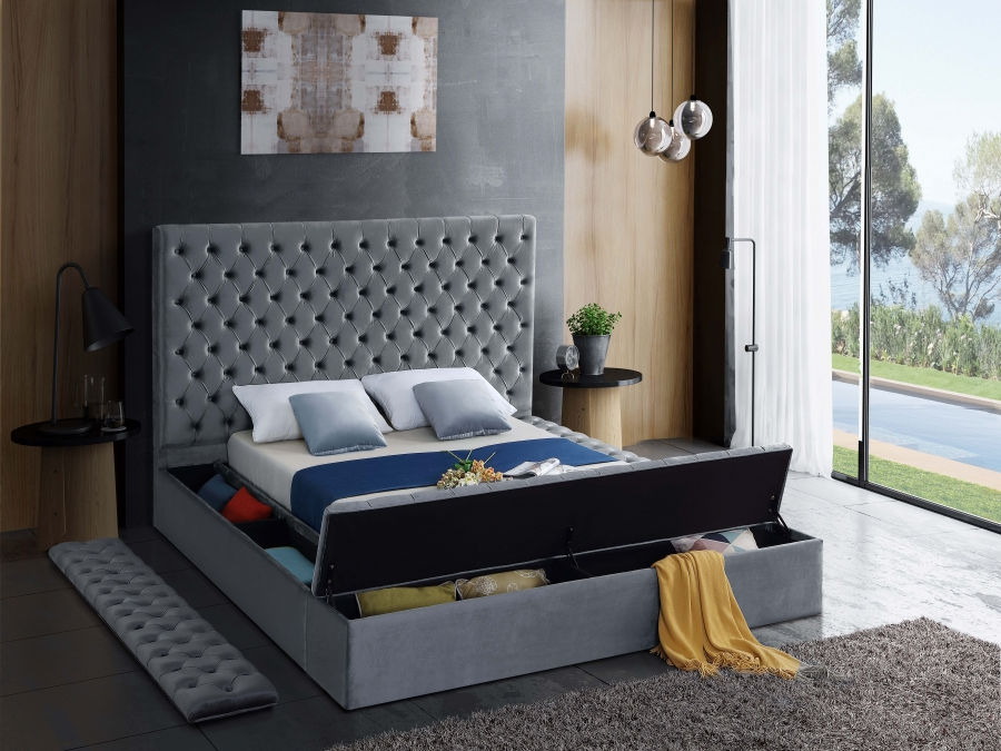 Deep Button Tufting Headboard
Platform Bed, 3 Large Storages (2x Side Benches x 1 Front Bench),Grey Velvet Fabric,
16" Footboard and 16" Sideboard Height